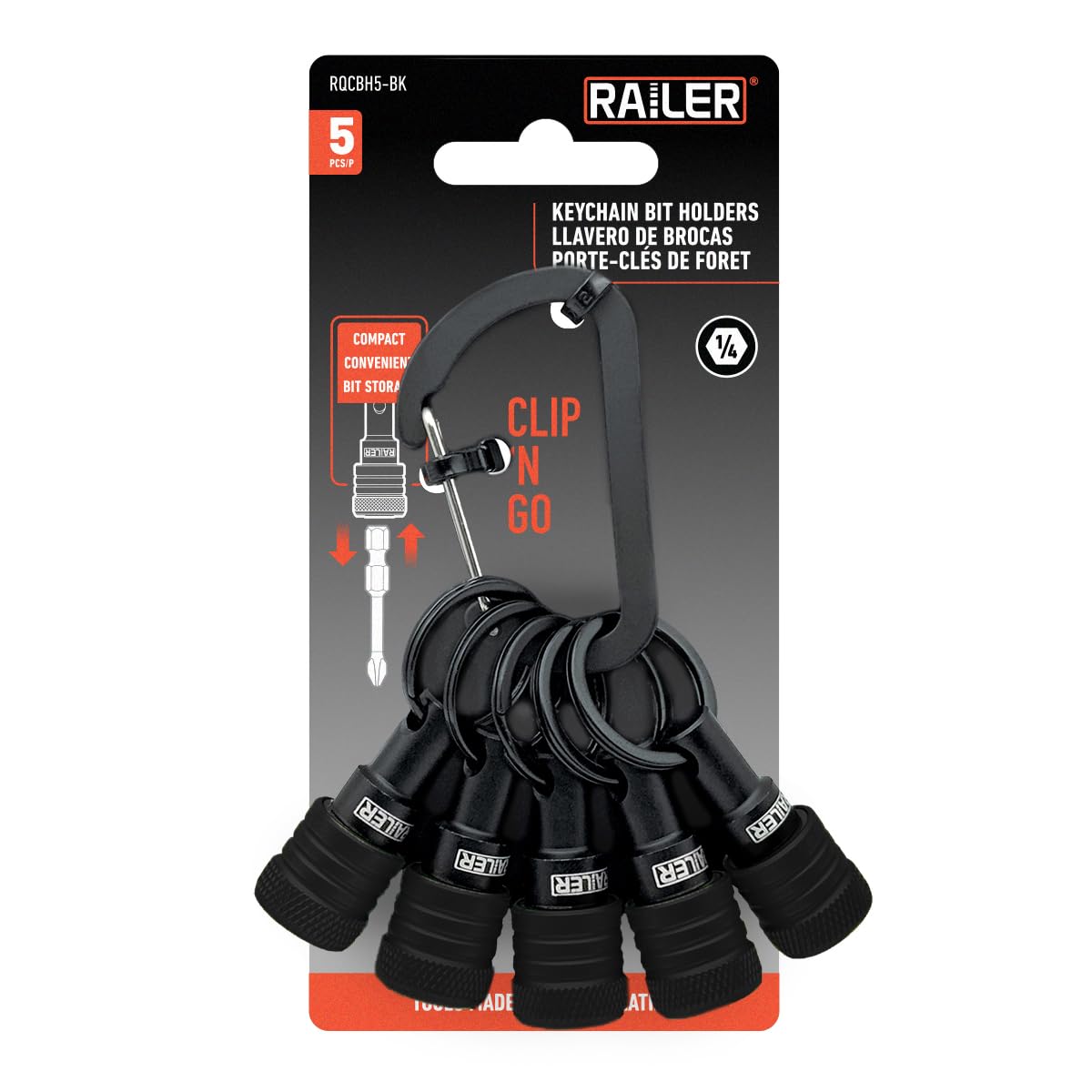 Railer Bit Holder Keychain 5pc - 1/4 inch Hex Shank Aluminum Alloy Bit Holders - Quick Release Bit Holder for Nut Driver, Screwdriver & Drill Bits w/Carabiner - Tool Gifts for Men