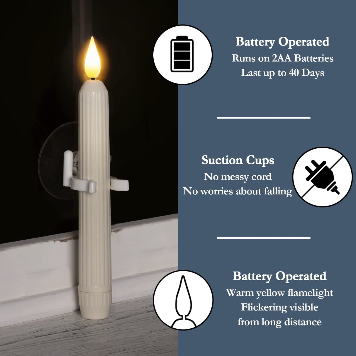Homemory 6 Pcs Window Candles With Sensor Dusk to Dawn - Ivory Stripped Candlesticks With Suction Cups, Roman Column Battery Operated Flameless LED Taper for Christmas