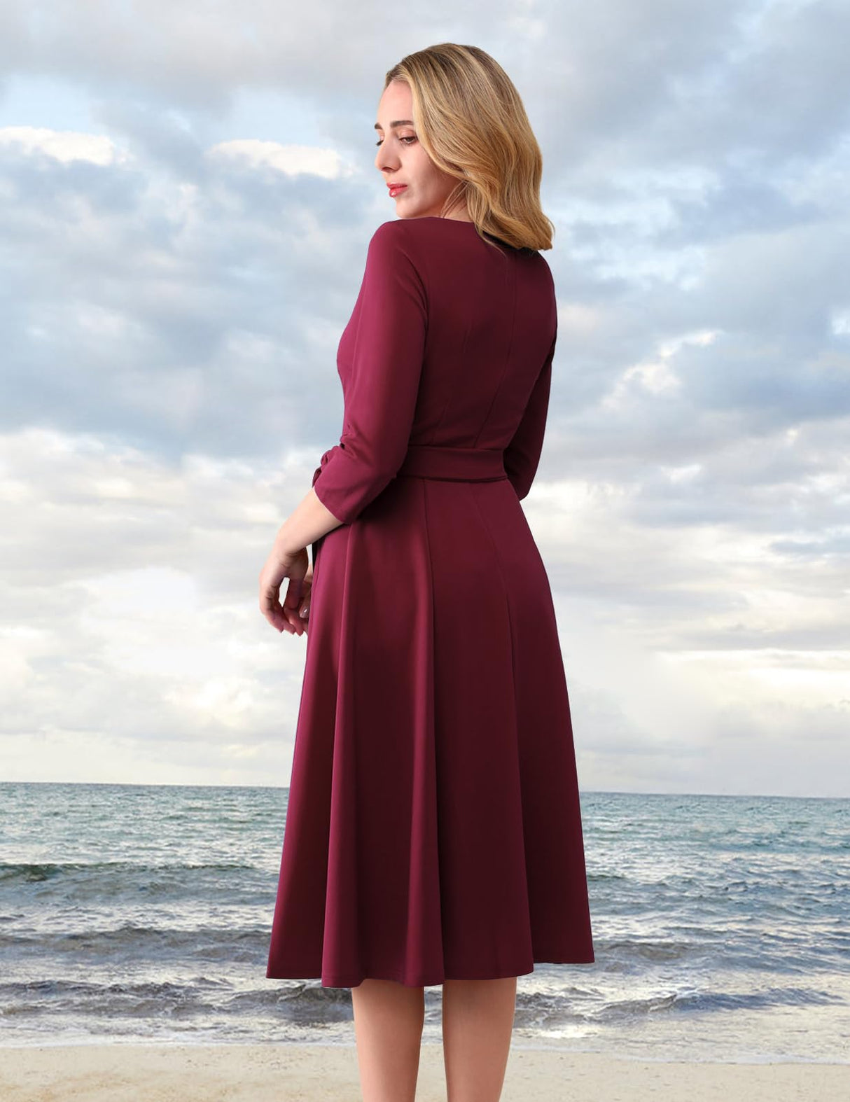 DRESSTELLS Christmas Holiday Party Dress for Women, Wedding Guest Cocktail Formal Dresses 3/4 Long Sleeve Mother of Bride Bridesmaid Eveing Gown Gala Porm Tea Aline Swing, Burgundy L