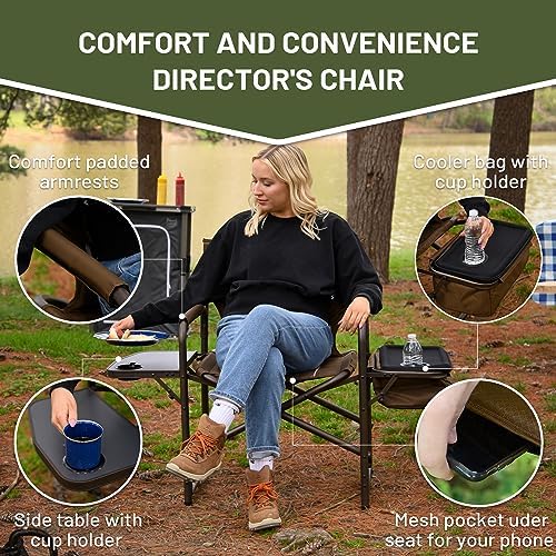 TIMBER RIDGE Folding Camping Chair with Cooler Bag, Director Chair Foldable with Side Table for Adults, Camp Chairs for Outdoor, Lawn, Sports, Fishing, Heavy Duty Supports 300lbs, Earth Brown