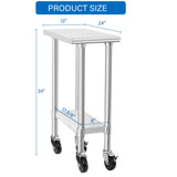 HARDURA Stainless Steel Commercial Table Prep & Work Table with Casters Heavy Duty Metal Table with Wheels NSF 430 24×12 Inches