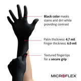 Ansell MICROFLEX MidKnight MK-296 Disposable Nitrile Gloves for Automotive, Law Enforcement w/ Full Texture - Large, Black (Box of 100)