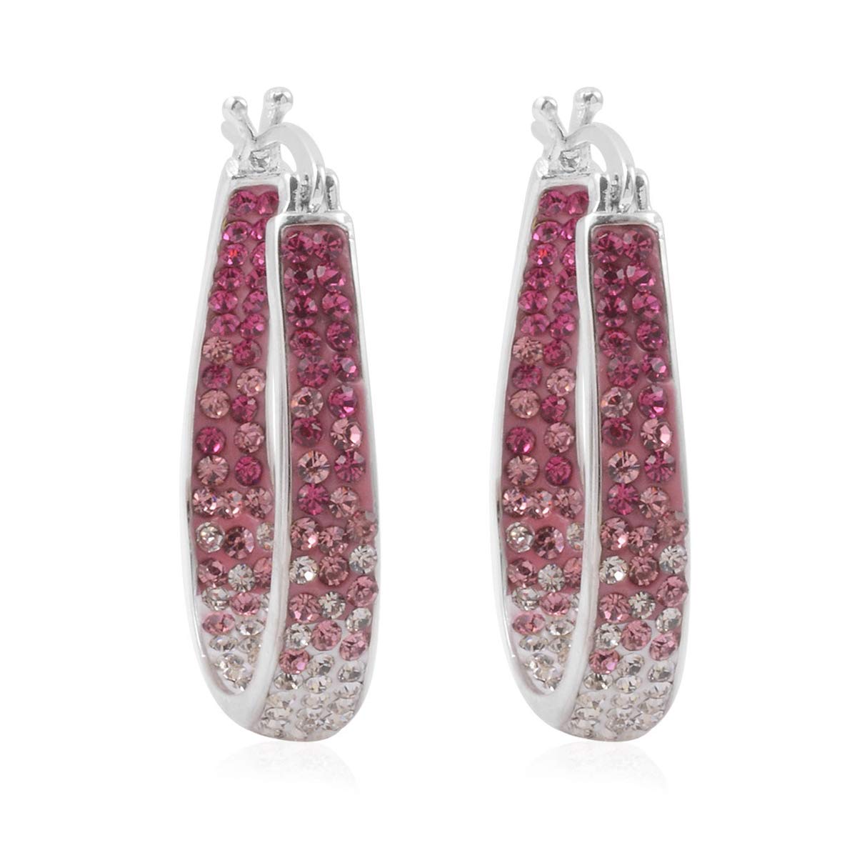 Savlano 14K White Gold Plated Inside Out Crystal Hoop Earrings For Women (Pink-White)