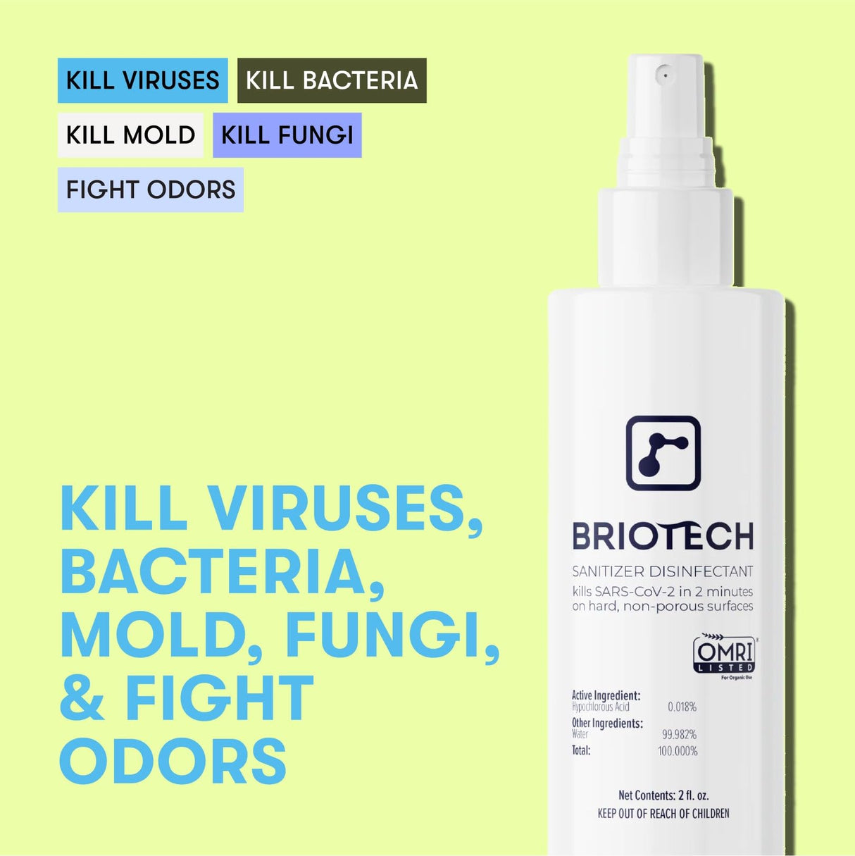 BRIOTECH Sanitizer Disinfectant Hypochlorous Spray, Kill 99.99% of Viruses & Bacteria, Control Mold, Eliminate Odor, Gentle for Nursery & Play Rooms, Food Contact Surface Sanitizer, 32 fl oz (4 Pack)
