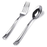 BUCLA 200 Pieces Silver Plastic Silverware - Heavy Duty Disposable Cutlery set - 100 Silver Plastic Forks, 100 Disposable Spoons for Catering, Parties, Dinners, Weddings and Christmas