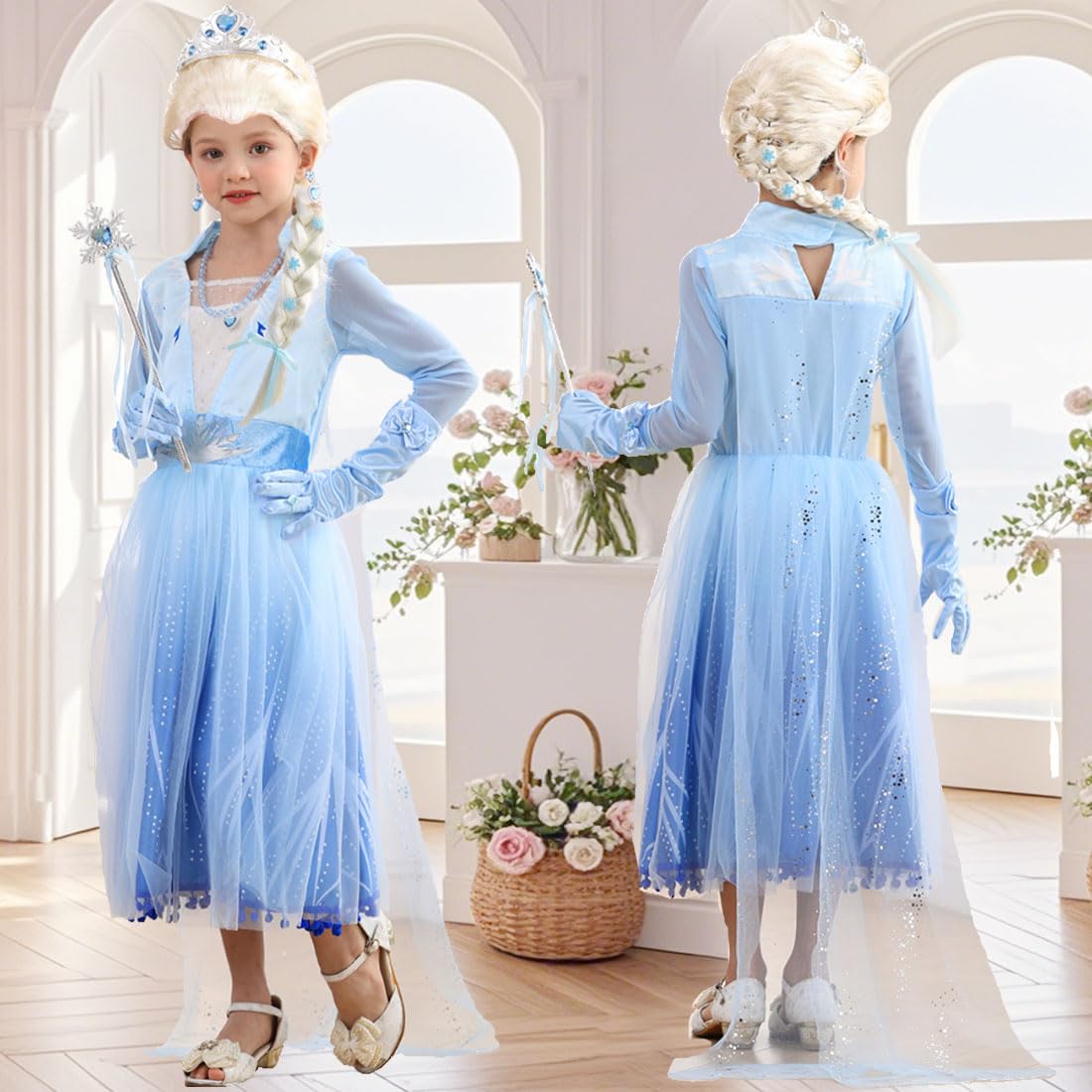 iTVTi Princess Costume for Little Girls Snow Princess Dress Blue Cosplay Outfit Halloween Carnival Party Christmas, 4-5T (Tag 120)
