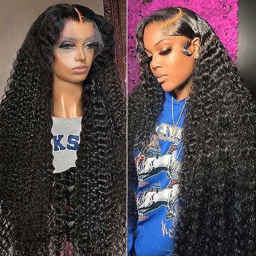 BLACROSS 28 Inch 13x6 Deep Wave Lace Front Wigs Human Hair 180 Density Deep Part Curly Lace Front Wigs Human Hair Pre Plucked Glueless Transparent Lace Frontal Wig Pre Plucked with Baby Hair