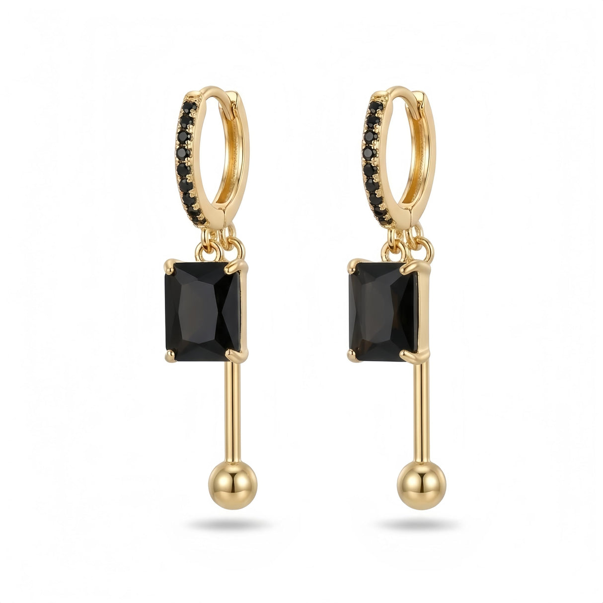 LisiZen 14K gold plated Black Zircon Dangle Earrings for Women – 2 Inch Rectangle Black Gold Drop Earrings, Minimalist Geometric Black Gold Earrings, Everyday Chic Black Gold Dangle Earrings