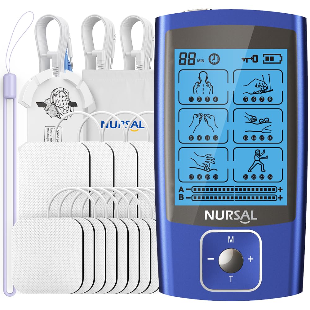 NURSAL TENS EMS Unit Muscle Stimulator for Pain Relief Therapy, Electric 24 Modes Dual Channel TENS Machine Pulse Massager with 12 Pcs Electrode Pads/Continuous Stable Mode/Memory Function