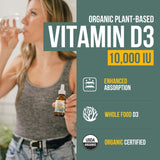 Organic Vitamin D3 10,000 IU - Plant D3, Vegan, Max Strength Sublingual Liquid D3 Drops - 200% Higher Absorption, 100% Plant-Based Cholecalciferol Form & Vegan D3, Adjustable Dosing (30 Servings)