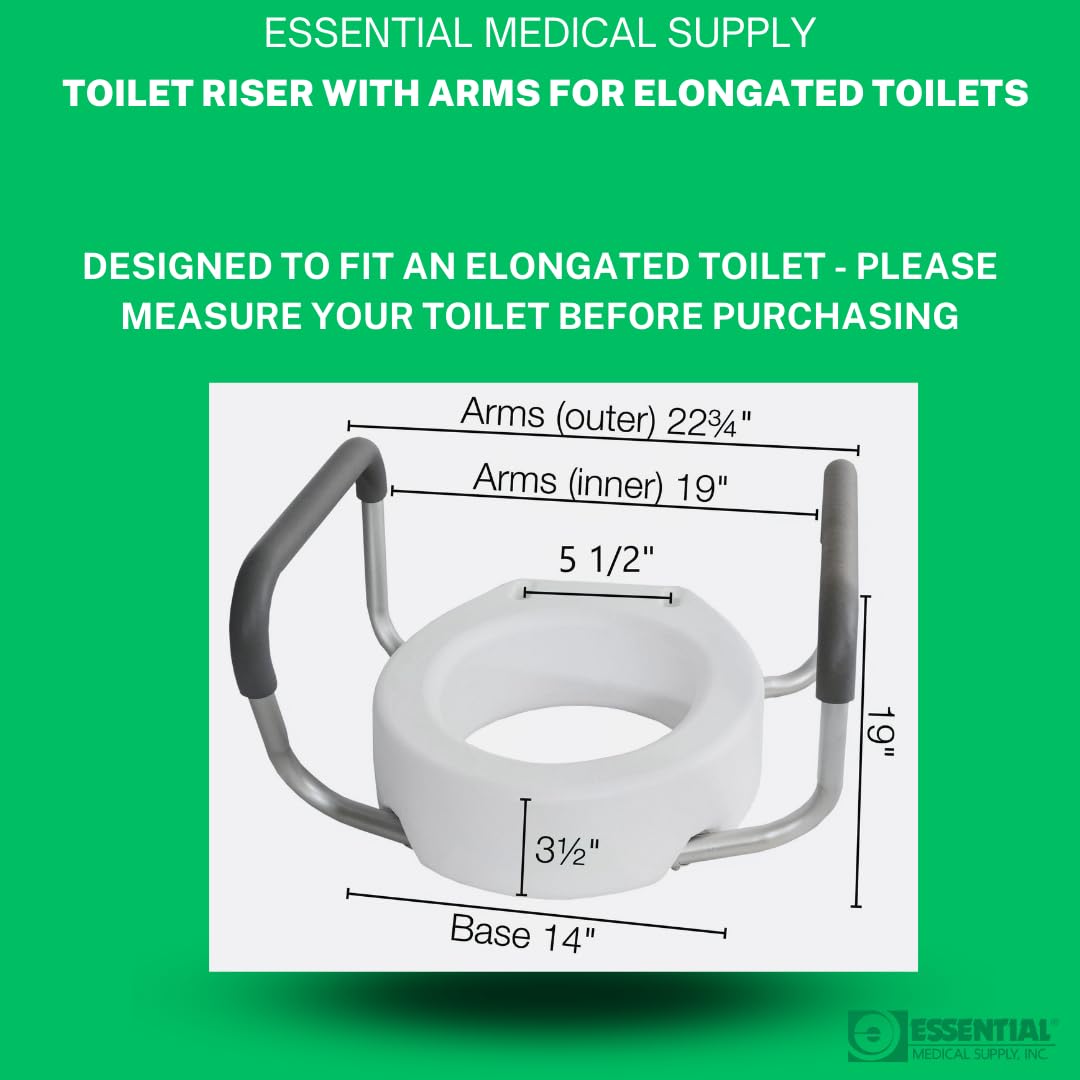 Essential Medical Supply Raised Elevated Toilet Seat Riser for an Elongated Toilet with Padded Aluminum Arms for Support and Compatible with Existing Seat, Elongated, 19 x 14 x 3.5
