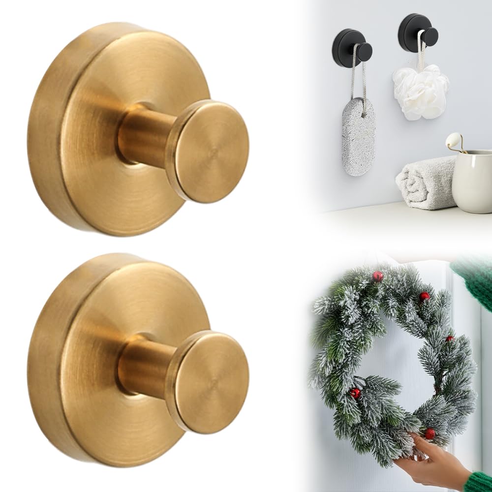 Suction Cup Hooks for Door Wreaths, 2025 Upgraded Wreath Hangers for Front Door, Halloween Christmas Suction Cup Wreath Hanger Holder for Glass Window Towel Shower Hooks Door Bathroom (2, Gold)
