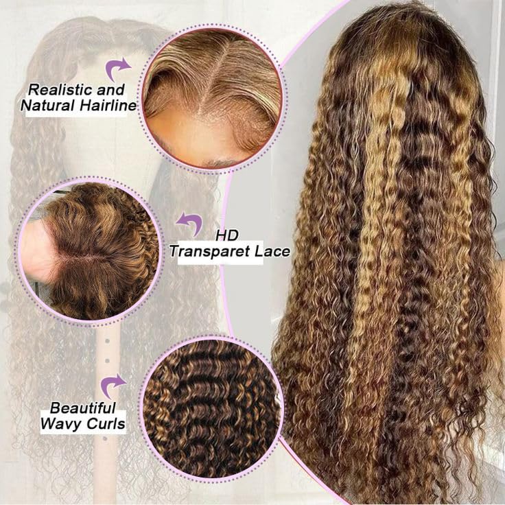 Ijowa 13x4 Highlight Ombre Deep wave Lace Front Wigs Human Hair P4/27 Colored HD Transparent Honey Blonde Curly Lace Frontal Wigs Pre Plucked 180% Density with Baby Hair 26inch