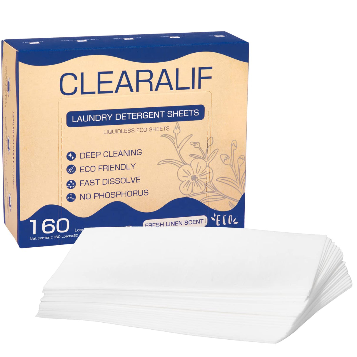 Laundry Detergent Sheets Up to 320 Loads, Fresh Linen - Great For Travel,Apartments, Dorms,CLEARALIF Laundry Detergent Strips Eco Friendly & Hypoallergenic (80 Sheets, Pack of 2)