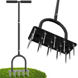 Aerator Lawn Tool Lawn Aerator -Heavy Duty Manual Grass Aerator with 15 Iron Spikes, Height Adjustable, Yard Aerator Tool for Lawn（Black）