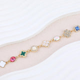 Gold Clover Charm Link Bracelet for Women Cute Colorful Geometric Diamond Mother of Pearl Lucky Four Leaf Clover Bracelet Enamel Crystal Rhinestone Statement Bracelet Adjustable Party Jewelry Gift