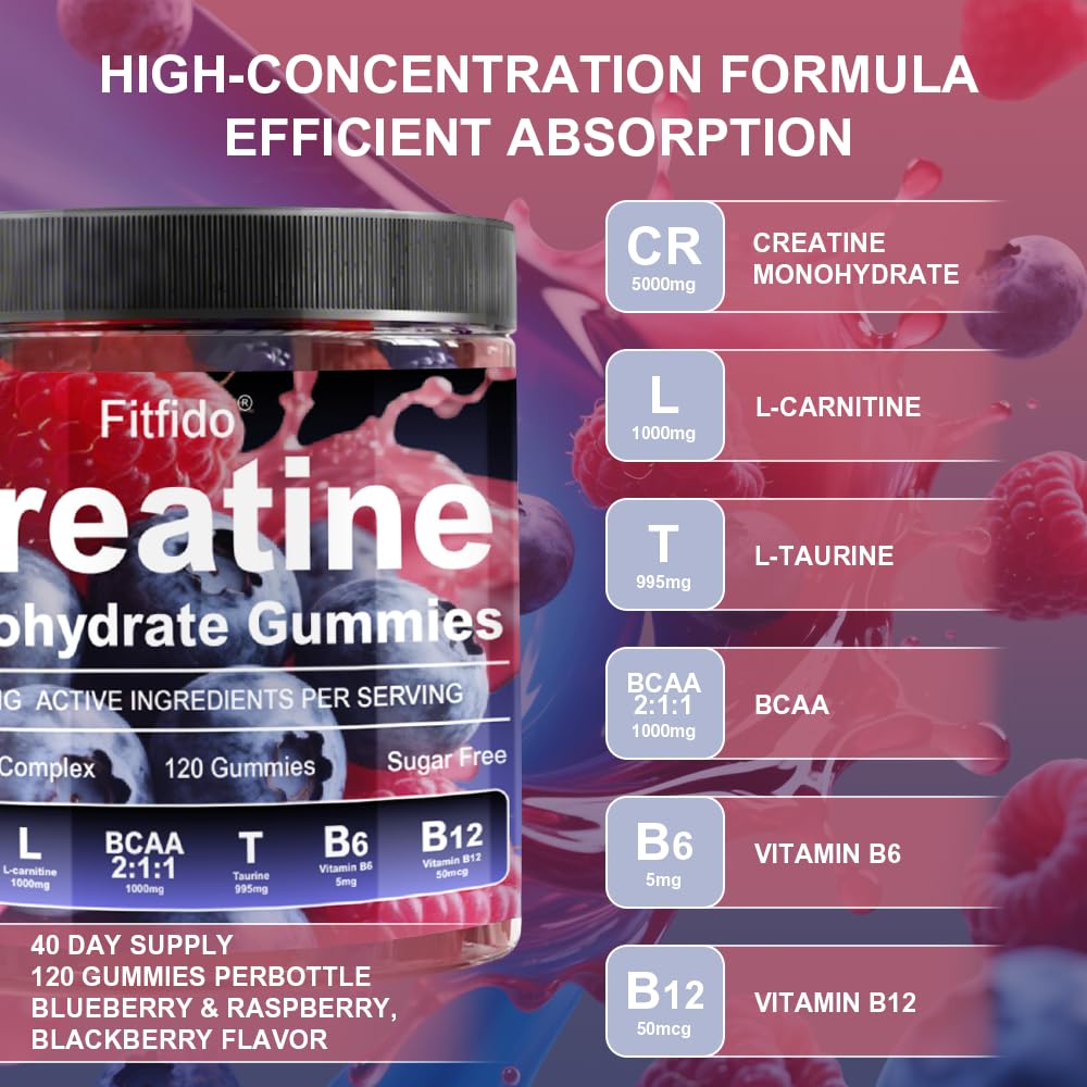 Creatine Monohydrate Gummies Complex 8000mg for Men and Women, Containing L-carnitine & Taurine, Build Muscle, Boost Energy, Faster Recovery, Pre-Workout Supplement, Raspberry & Blackberry, 120 Count