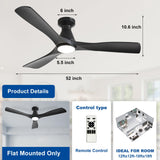 Depuley 52-Inch Ceiling Fans with Lights: Black 3 Blade Flush Mount Low Profile Ceiling Fan for Bedroom - Dimmable Indoor Outdoor Fan with Remote Control Ultra Quiet DC Motor Timer