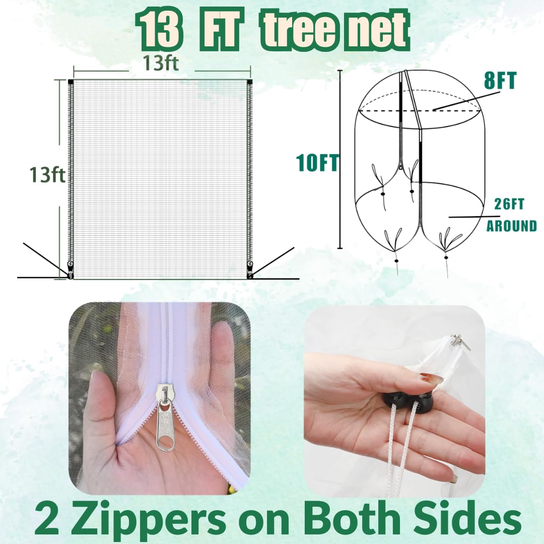 1 Pack 15x15ft Extra Large Fruit Tree Netting with Double Zipper & Double Drawstring, Heavy Duty Bird Netting for Fruit Trees, Reusable Tree Net to Protect Large Trees from Birds, Squirrels, Deer