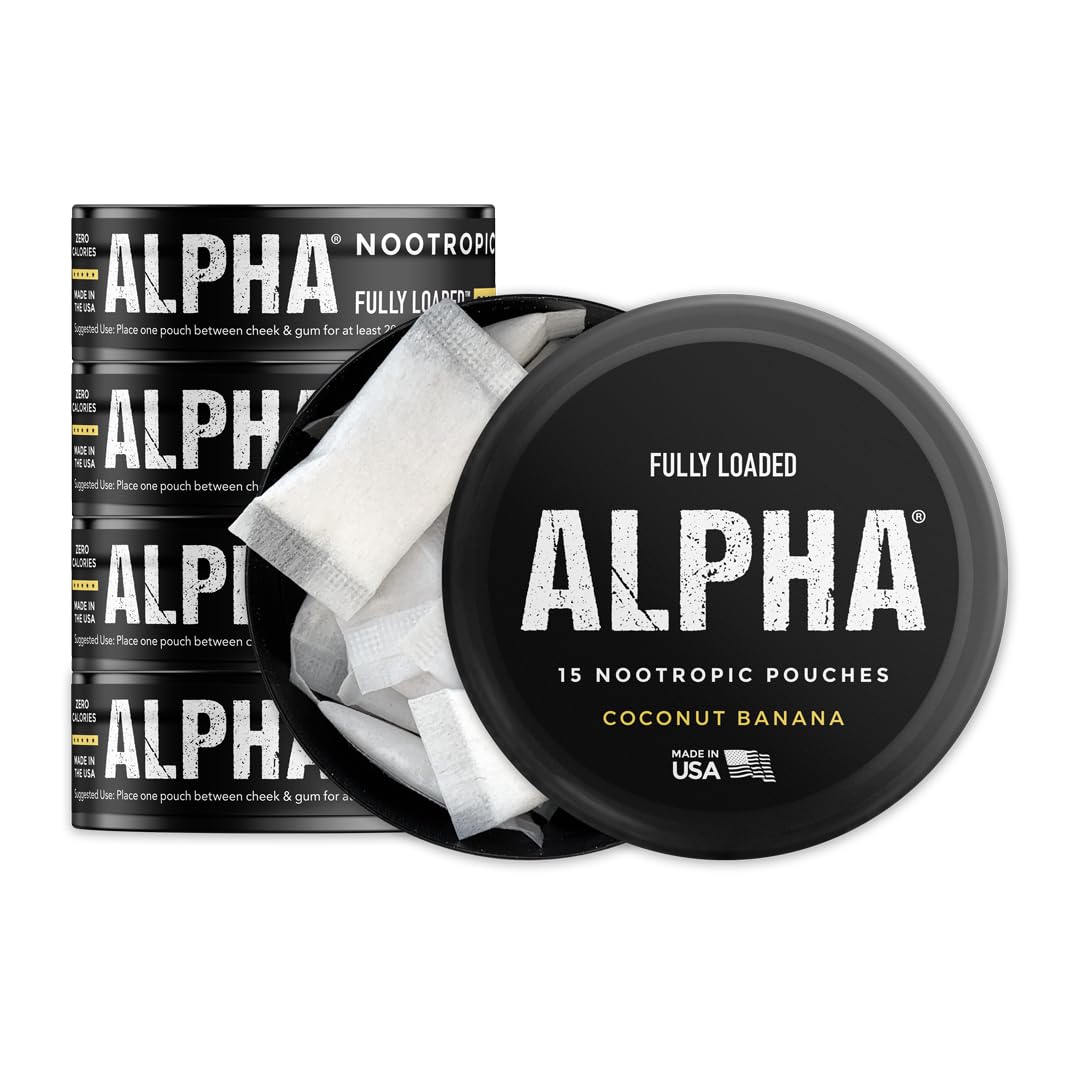 Fully Loaded Alpha Nootropic Pouches (Coconut Banana) - 5 Cans - 15 Pouches per can - Effective Nootropic Delivery, Nic Pouch Replacement - Faster Absorption, Alpha GPC, L-Tyrosine, GABA