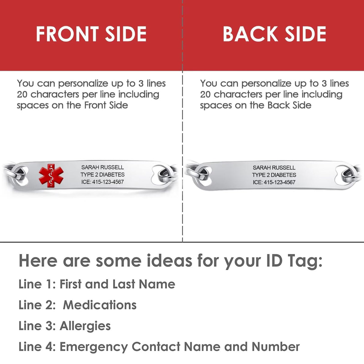 Personalized Medical Alert ID Bracelets for Women & Men Stainless Steel