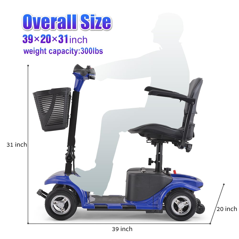 Mobility Scooter for Adults, Senior, Skmc 4 Wheels Electric Powered Chargeable Device for Travel, Lightweight and Portable, with LED Headlights and Basket, Charger Included, Red/Blue (Blue-Blue)