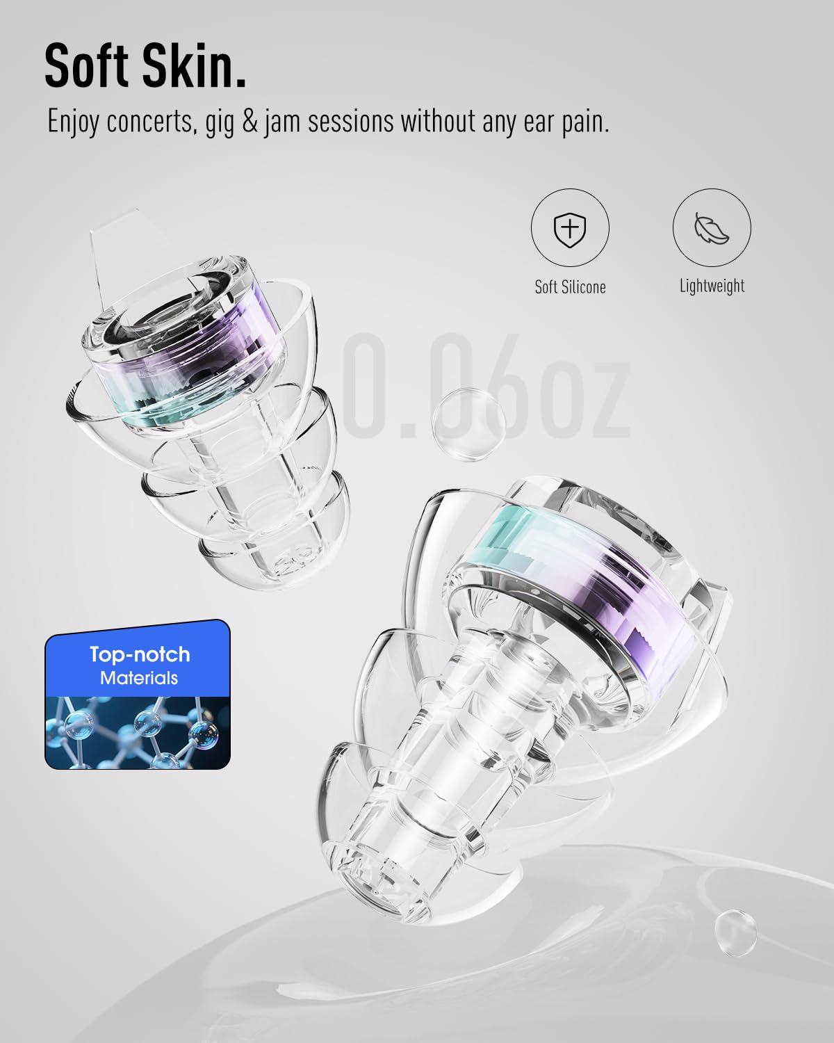 Hearprotek Concert Ear Plugs, 2 Pairs Reusable High Fidelity Musician Ear Plugs, Purple, Silicone, Earplugs, Earplug, Noise Protection