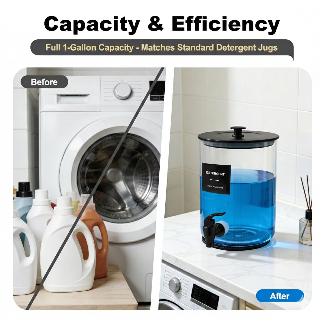 Glass Laundry Detergent Dispenser for Laundry Room Organization, 1 Gallon Large Liquid Soap Dispenser with Black Metal Lid & Leak-Proof Spigot, 2 Measured Cups, 2 Silicone Mats & 9 Labels (2, Black)
