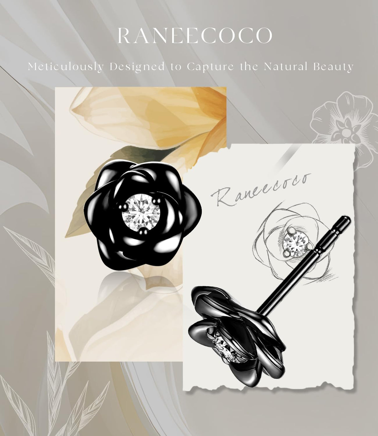 Black Gold Plated Sterling Silver Rose Flower Earring Studs, Hypoallergenic & Nickel Free Earrings for Women(9mm)