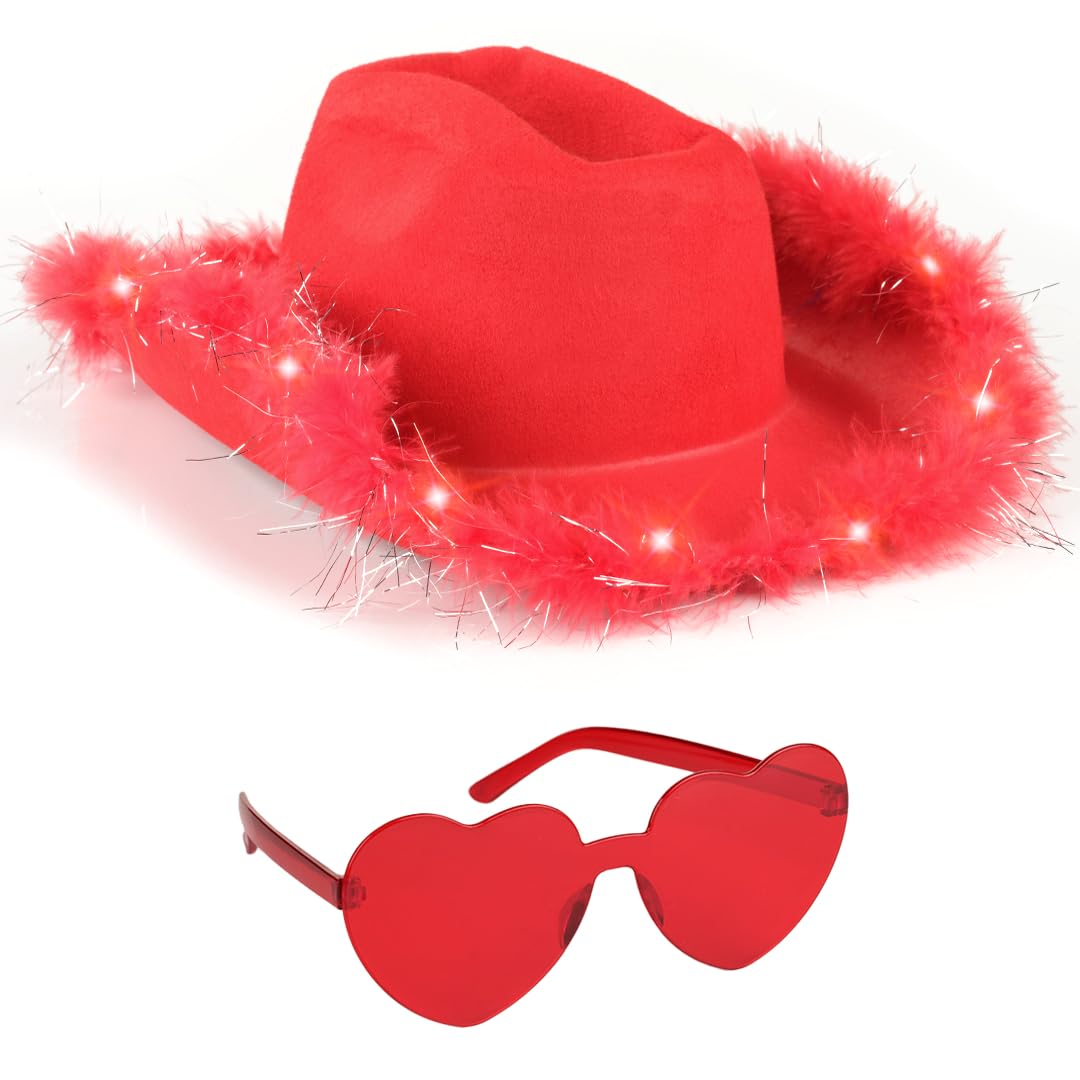 Funcredible Santa Light Up Cowboy Hat and Glasses - Christmas Cowgirl Hat - Feather Led Red Hats - Xmas Cowgirl Outfits for Women