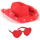 Funcredible Santa Light Up Cowboy Hat and Glasses - Christmas Cowgirl Hat - Feather Led Red Hats - Xmas Cowgirl Outfits for Women