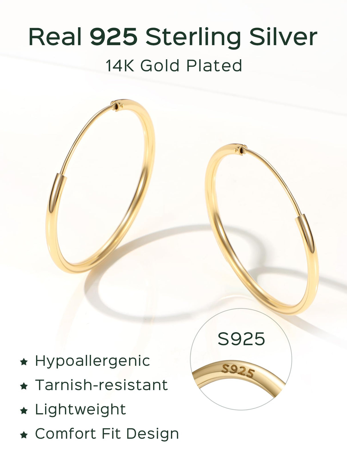 ChicSilver 14k Gold Plated Silver Hoop Earrings for Women 14k Real Gold Plated Sterling Silver Hoop Earrings for Women Hypoallergenic Small Silver Earring 30MM