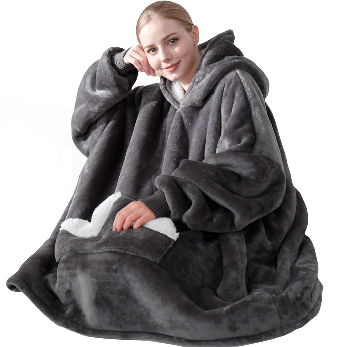 Touchat Wearable Blanket Hoodie, Oversized Sherpa Fleece Sweatshirt Blanket with Giant Hood Pocket and Sleeves for Adult, Warm & Cozy Grey Blanket Gifts for Women