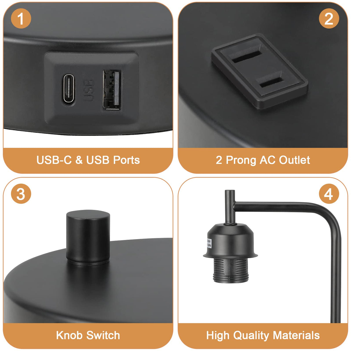 Industrial Bedside Table Lamp for Bedroom - Nightstand Lamps with USB C Charging Port, Fully Dimmable Black Ports and Outlets, Small Desk Glass Shade Office Living Room
