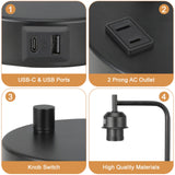 Industrial Bedside Table Lamp for Bedroom - Nightstand Lamps with USB C Charging Port, Fully Dimmable Black Ports and Outlets, Small Desk Glass Shade Office Living Room