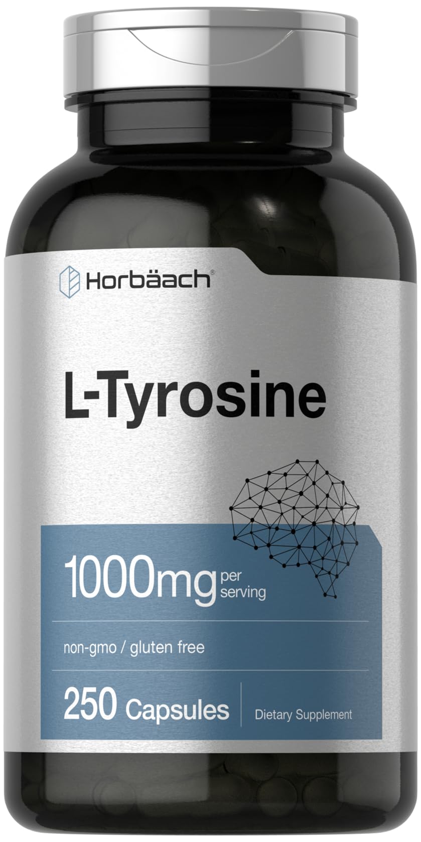 Horbäach L-Tyrosine Supplement | 1000mg | 250 Capsules | Non-GMO and Gluten Free Formula