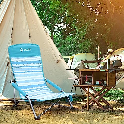 VILLEY Low Beach Chairs for Adults 2 Pack, High Back Folding Beach Chairs, Lightweight and Portable for Outdoor, Beach, Camping, Lawn, Music Festival, with Cup Holder and Carry Bag-Blue Stripes