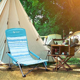 VILLEY Low Beach Chairs for Adults 2 Pack, High Back Folding Beach Chairs, Lightweight and Portable for Outdoor, Beach, Camping, Lawn, Music Festival, with Cup Holder and Carry Bag-Blue Stripes