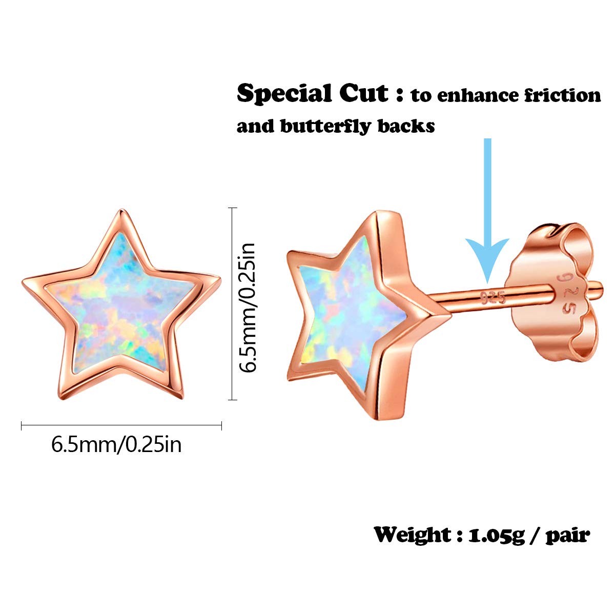 Rose Gold Plated Star Earrings for Girls, Hypoallergenic Fire Opal Stud Earrings For Women ARSKRO S925 Sterling Silver Post Little Small Cute Earring Jewelry Gifts for Sensitive Ears Kids
