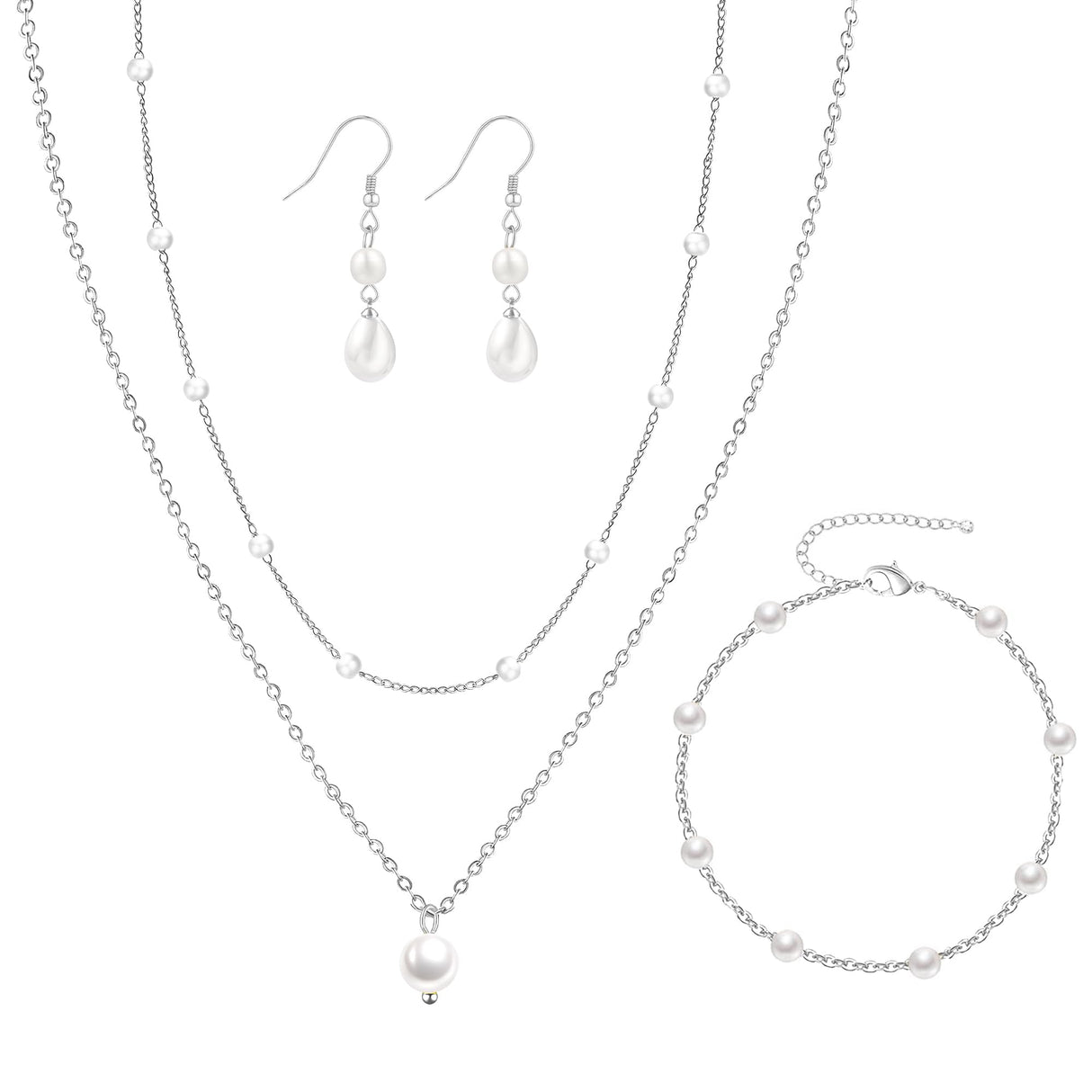 DIBOLA Silver Jewelry Set for Women Dainty Silver Layered Pearl Choker Necklaces and Earring Set Pearls Drop Earrings Pearl Bracelets Wedding Bride Jewelry