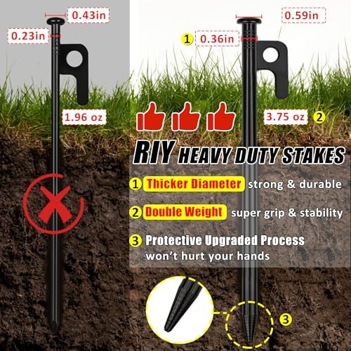 12 Pack Tent Stakes Heavy Duty Metal Tent Pegs for Camping Steel Tent Stakes 8 inch Unbreakable and Inflexible