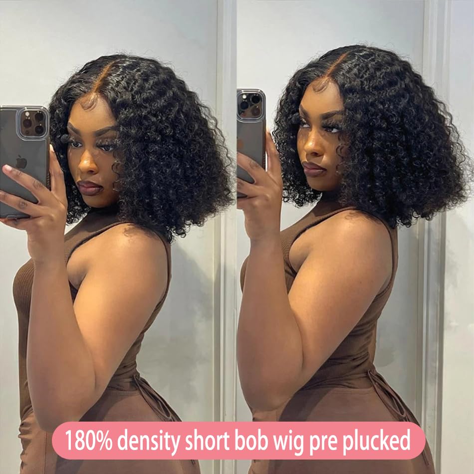 14 Inch Short Bob Wigs 13x4 Deep Wave Bob Wig Human Hair 180% Density Deep Curly 100% Virgin Human Hair Pre Plucked Wet and Wavy Glueless Transparent Lace Frontal Wig for Women Natural Hairline