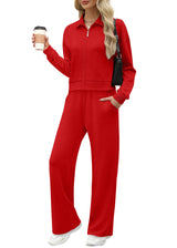 XIEERDUO Christmas Outfits for Women 2025 Red Zipper 2 Piece Womens Loungewear Set Sweatsuit Sweatshirt Tracksuit M