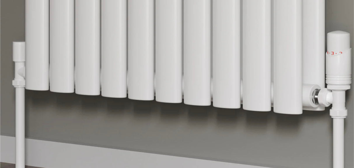 Sandy Beach Central Heating TRV Radiator Valves - Angled Radiator Valves, White Radiator Valves, Thermostatic Radiator Valve, Radiator Valve Angled with Lockshield Valve - 15mm (Angled White)