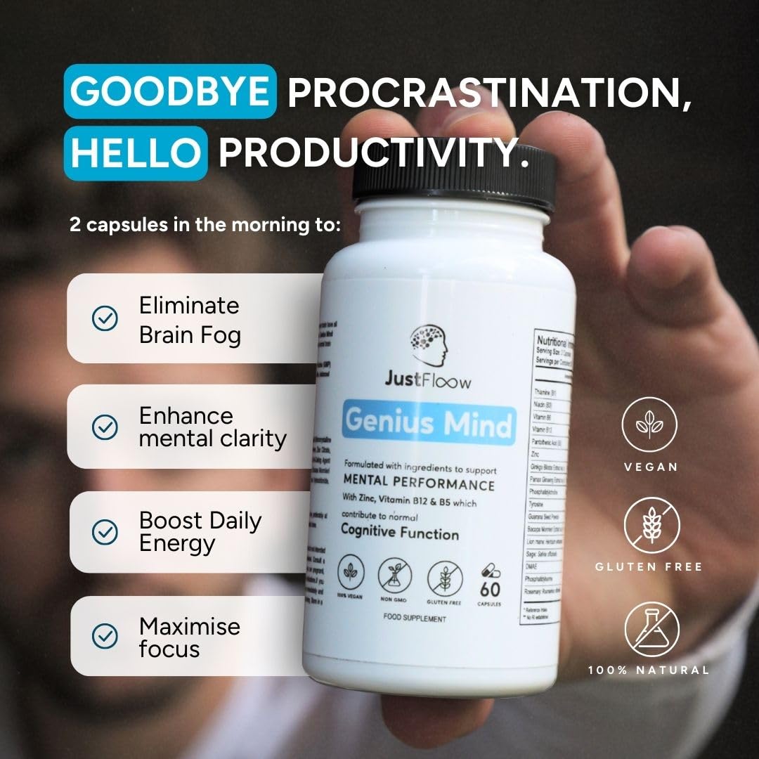 JustFloow Genius Mind® Nootropic Brain Supplement, Support Cognitive Function, Energy Levels, Focus & Memory Function - 17 Brain Boosting Ingredients Including Lions Mane, Bacopa, Ginkgo & Vitamin B12