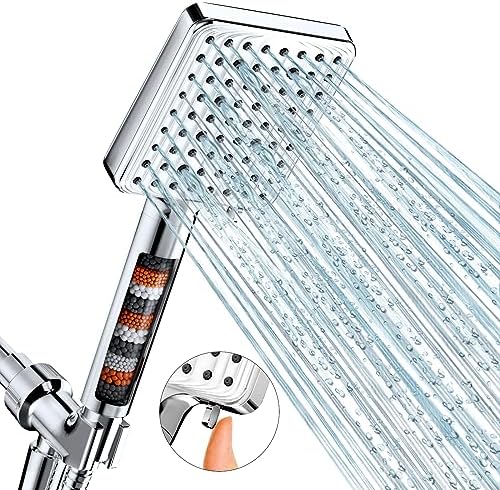 Filtered Shower Head - 6 Modes High Pressure Handheld Shower Head with Filter Mineral Beads, Detachable Handheld Showerhead Set with Stainless Steel Hose and Shower Arm Bracket