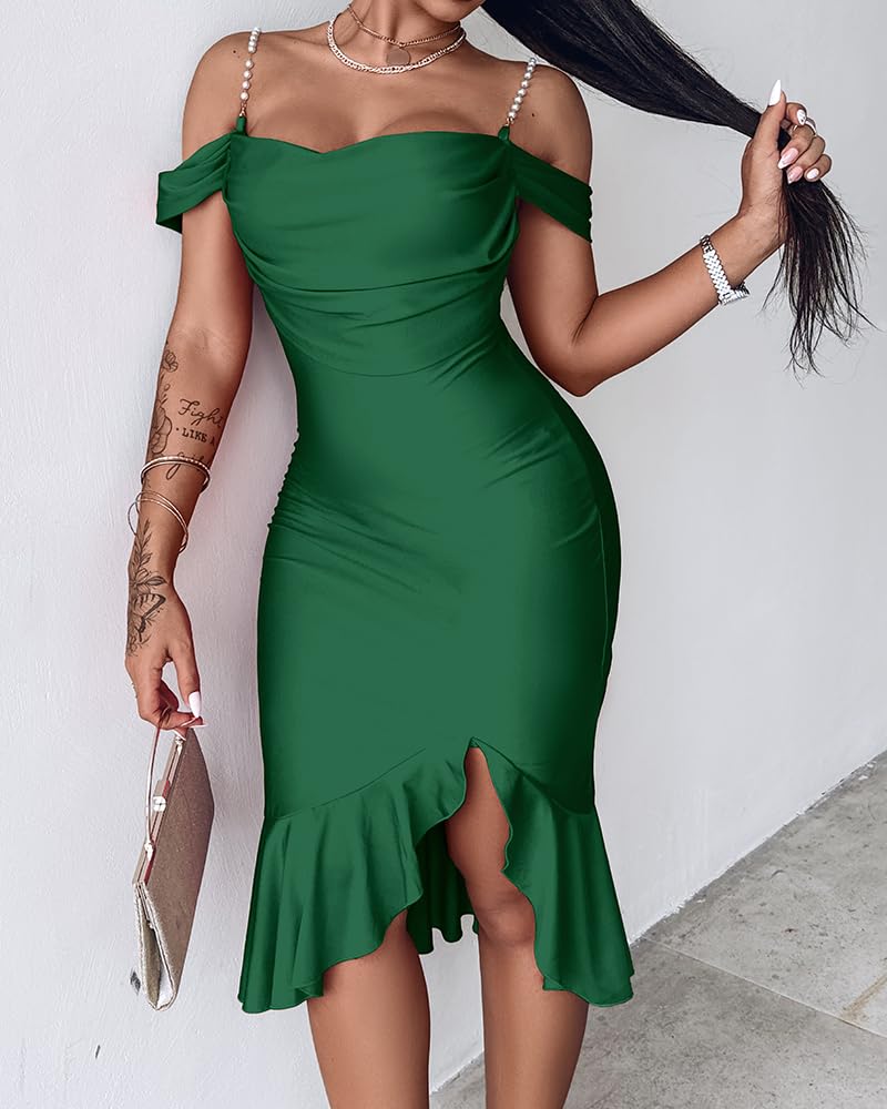 CHICME Women's Cold Shoulder Green Bodycon Midi Dresses Ruffle Hem Cocktail Christmas Party Green Dress-M