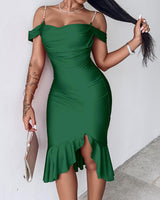 CHICME Women's Cold Shoulder Green Bodycon Midi Dresses Ruffle Hem Cocktail Christmas Party Green Dress-M