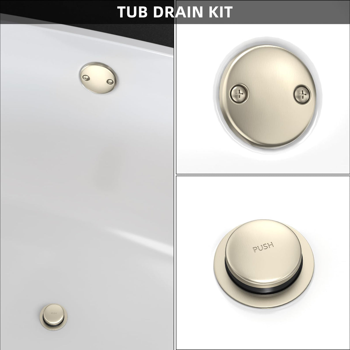 All Metal Tip-Toe Bathtub Drain Kit with Two-Hole Overflow Faceplate and Universal Fine/Coarse Thread Assembly, Bath Tub Drain Kit fits All Bathtub -Brushed Nickel