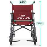 Medline Basic Steel Transport Chair - Full-Length Arms, Swing-Away Footrests, 12" Wheels - Gray/Burgundy - Durable & Convenient Mobility Aid